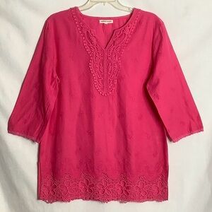 Bright Pink Embroidered Crochet-Trim 100% Cotton Tunic Top - Women's
